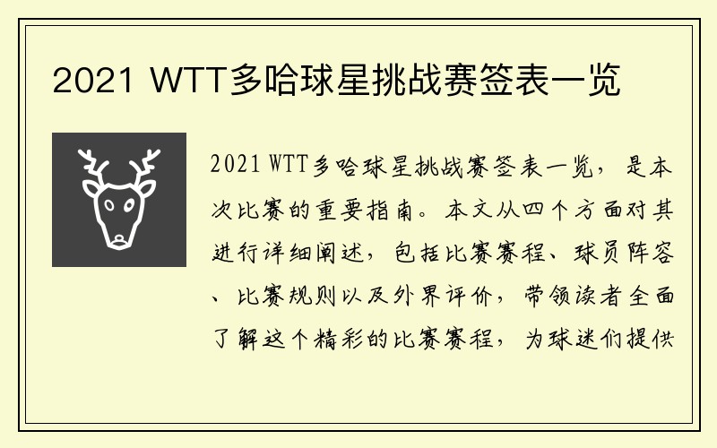 2021 WTT多哈球星挑战赛签表一览