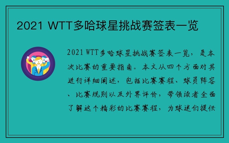 2021 WTT多哈球星挑战赛签表一览