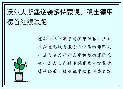 沃尔夫斯堡逆袭多特蒙德，稳坐德甲榜首继续领跑
